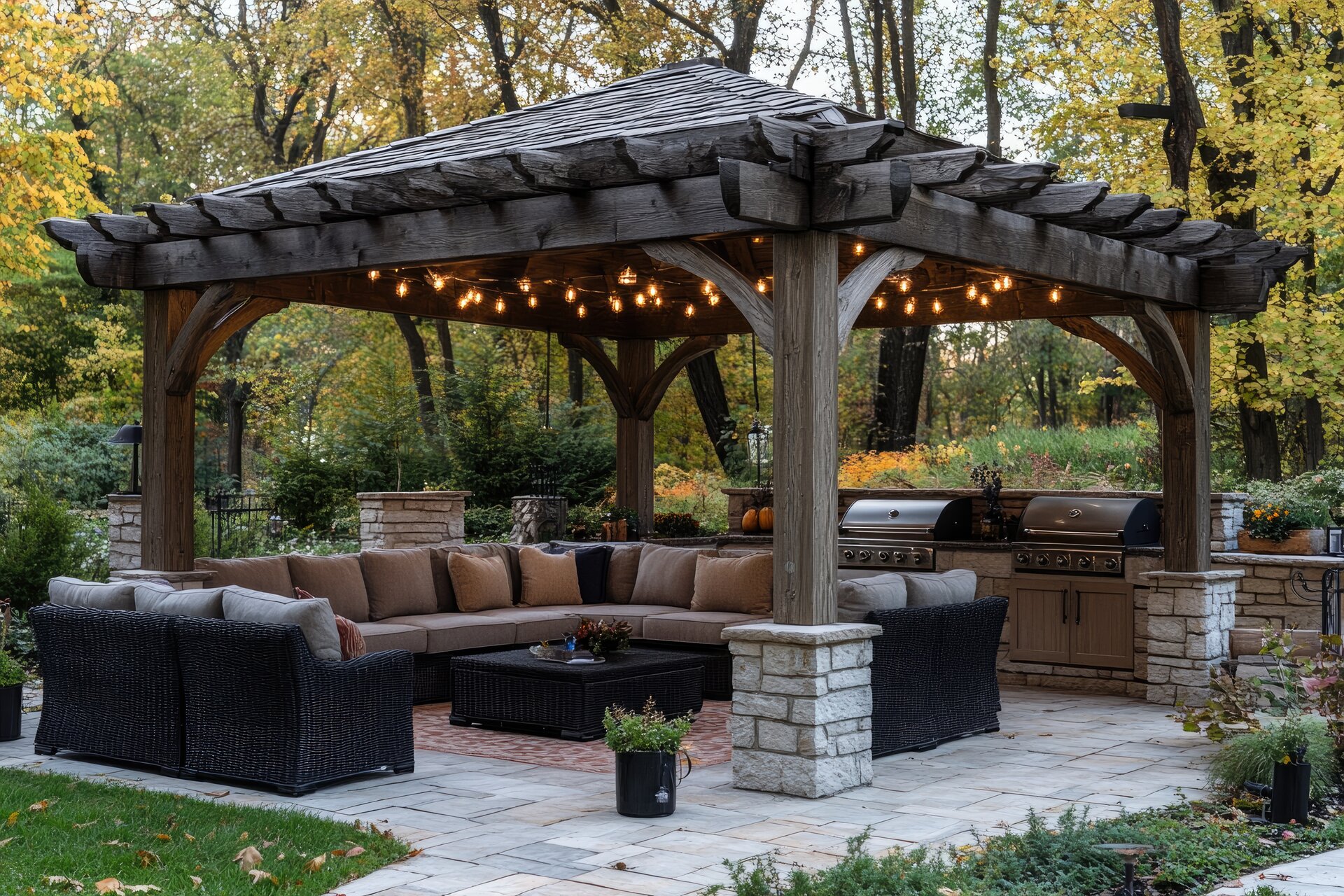 Outdoor living space with fire feature and seating area