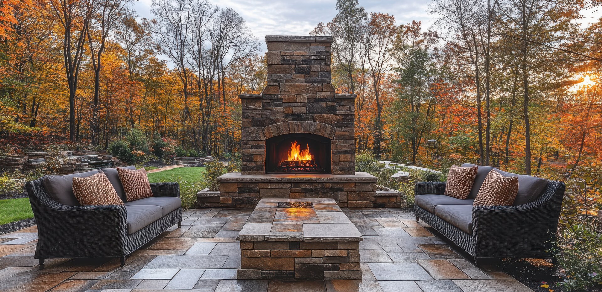 Elegant outdoor fireplace with seating area