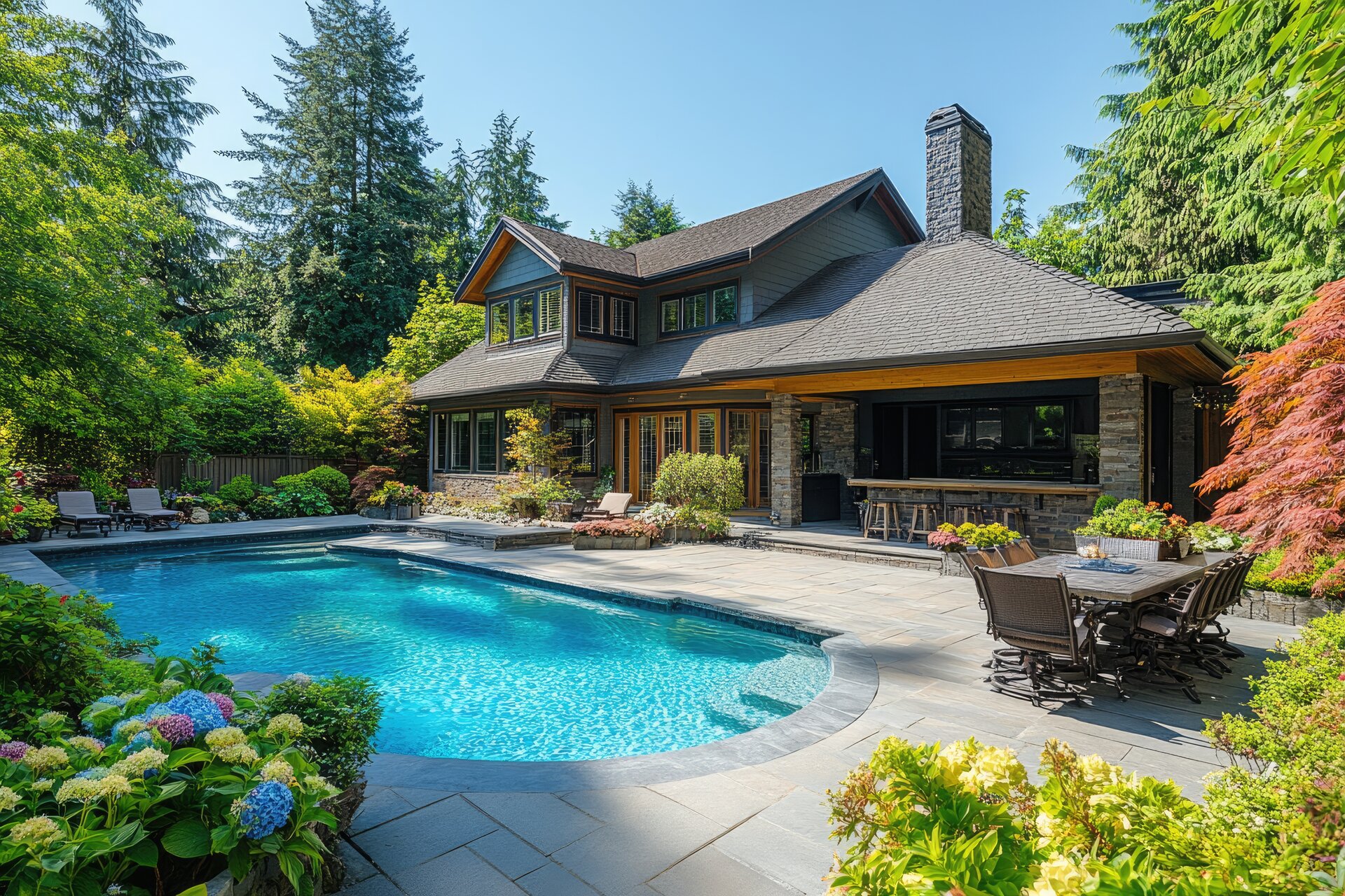 Beautiful outdoor living space with water and fire features